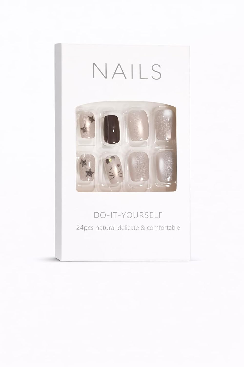 Nude Brown Press-On Nails with Silver Glitter & Star Accents - 24 Pcs
