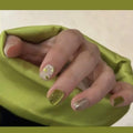 Olive Green Press-On Nails with Gold Glitter Accents -24 Pcs