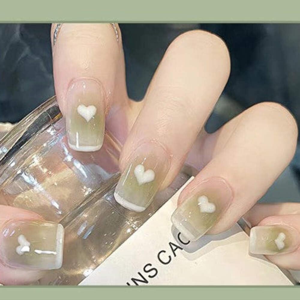 Sage Heart Press-On Nails - Olive Green with Pearl Heart Accents
