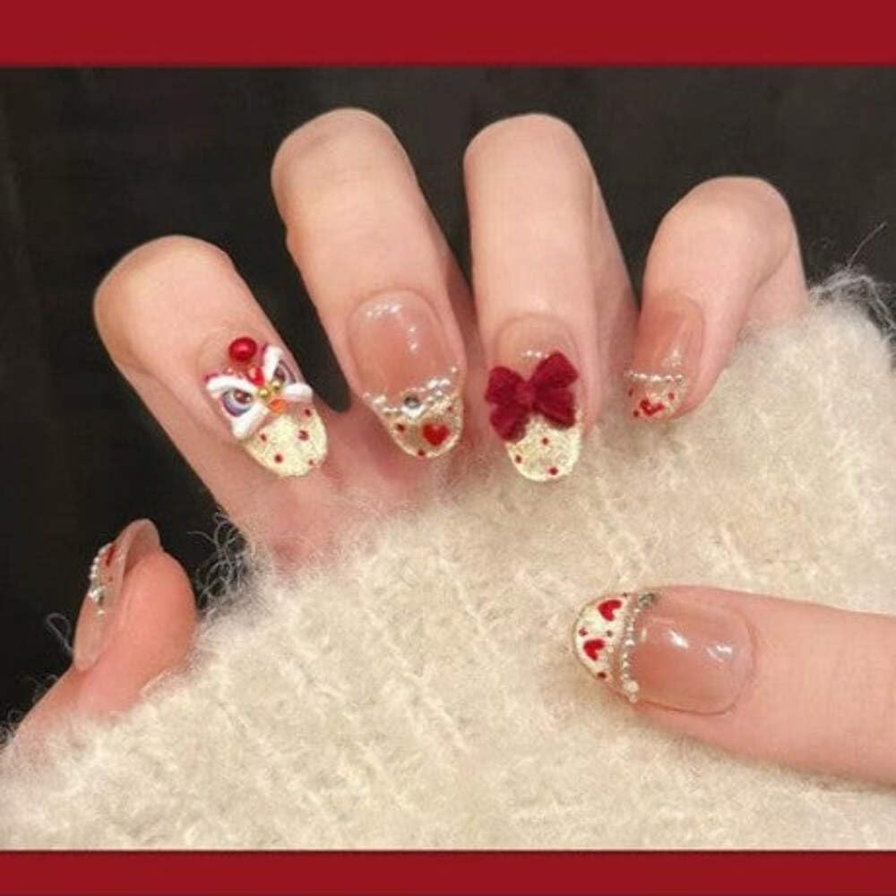 Lucky Charm Press-On Nails - Nude with Red Hearts & Bow Accents
