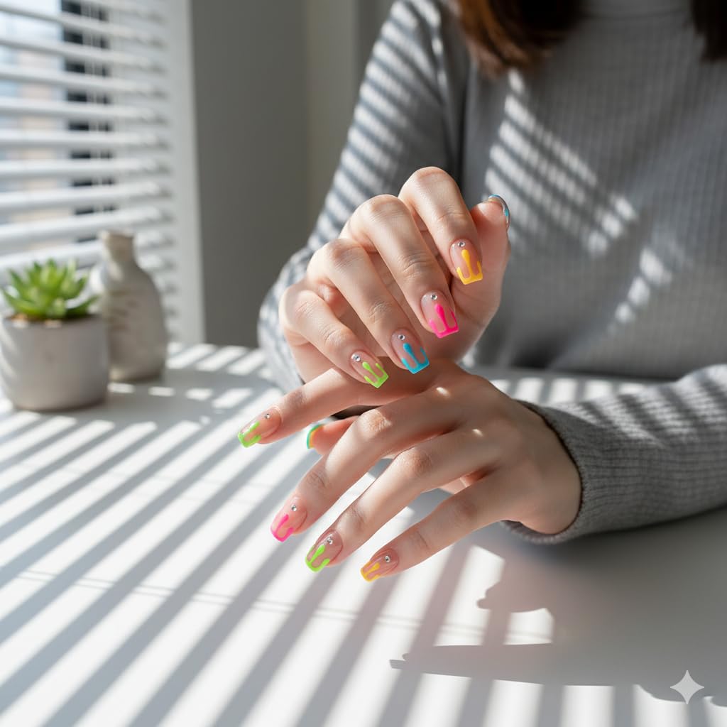 Neon Rainbow Gradient Press-On Nails - Multicolor Ombre with Gem Accents