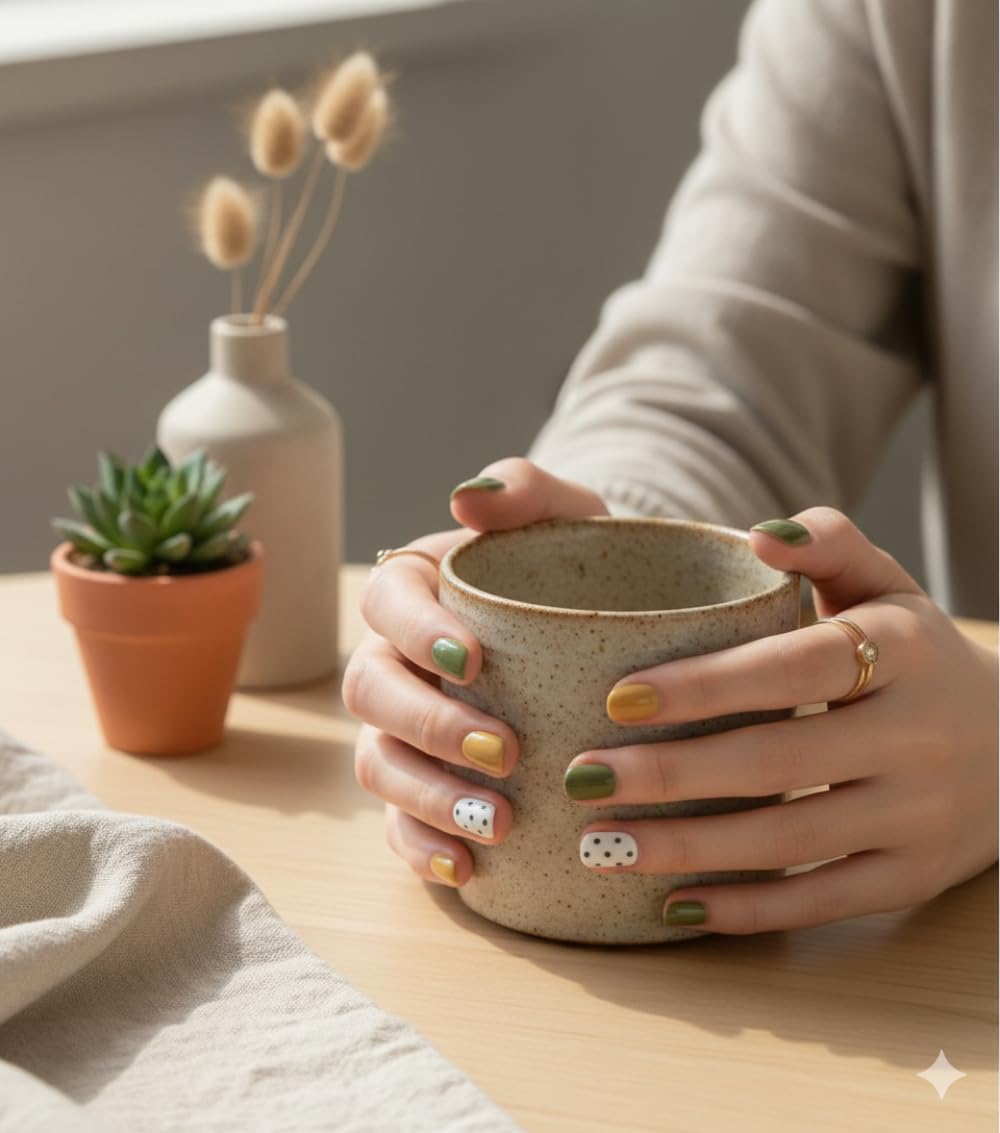 Olive Garden Press-On Nails - Green & Yellow with Polka Dot Accents