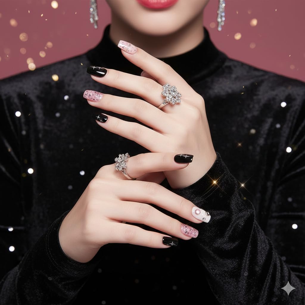 Pink Glitter Cat Press-On Nails - Nude & Black with Cat Art & Sparkle Accents