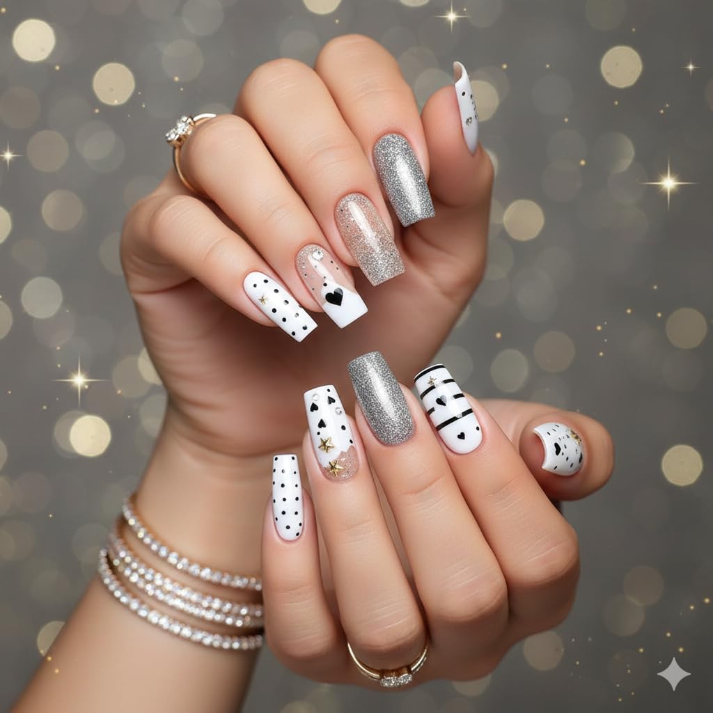 White Glitter Stripe Press-On Nails - Polka Dot & Stripe with Gold Star Accents