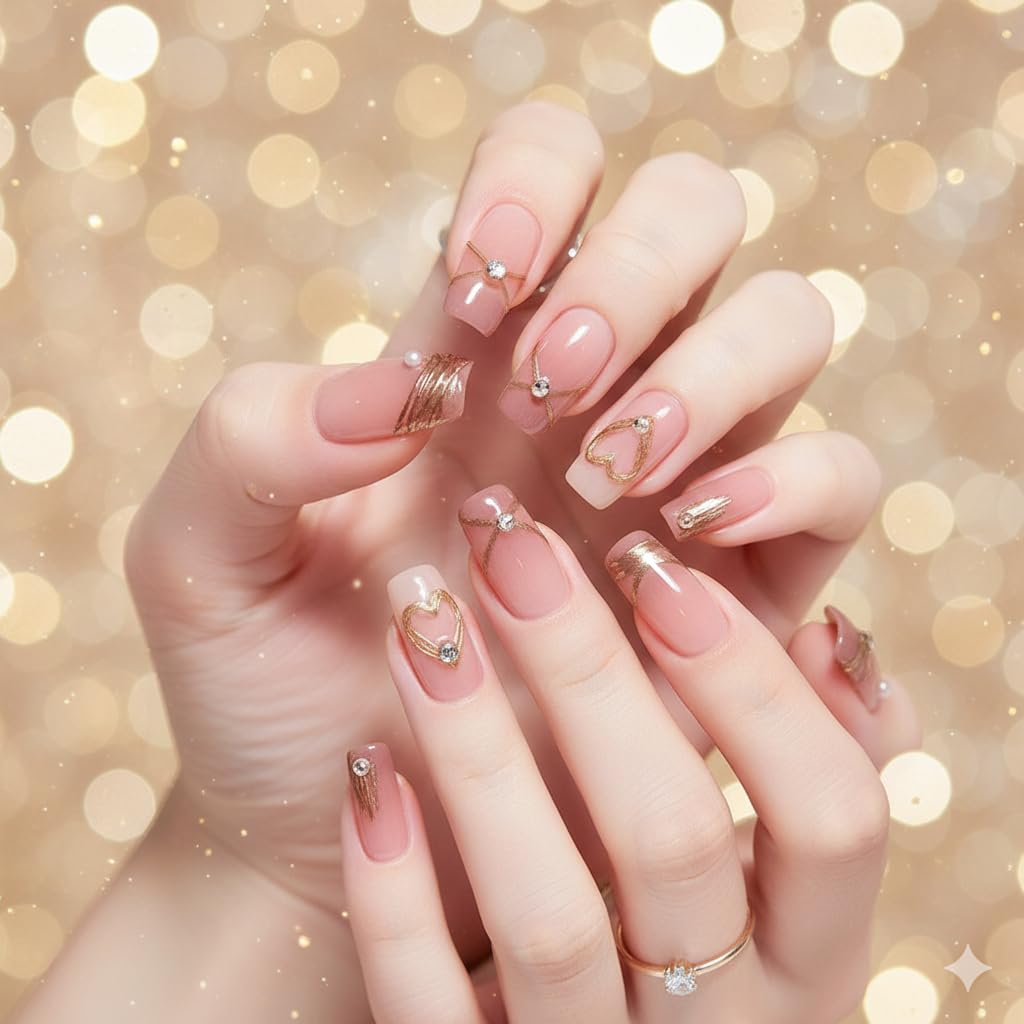 Rosy Heart Charm Press-On Nails - Pink Gradient with Gold Heart Accents