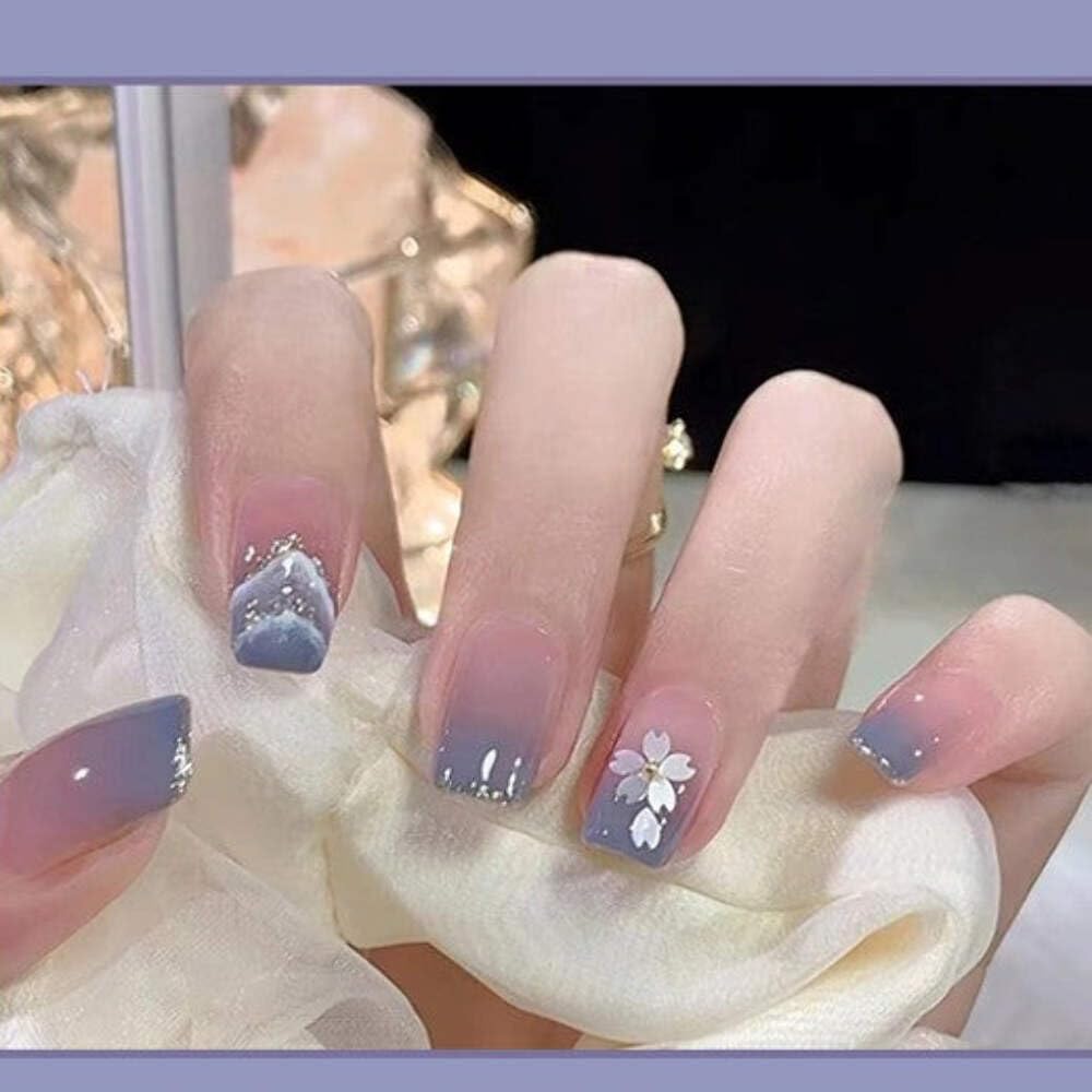 Smoky Lavender Floral Press-On Nails - Grey to Purple Gradient with Flowers