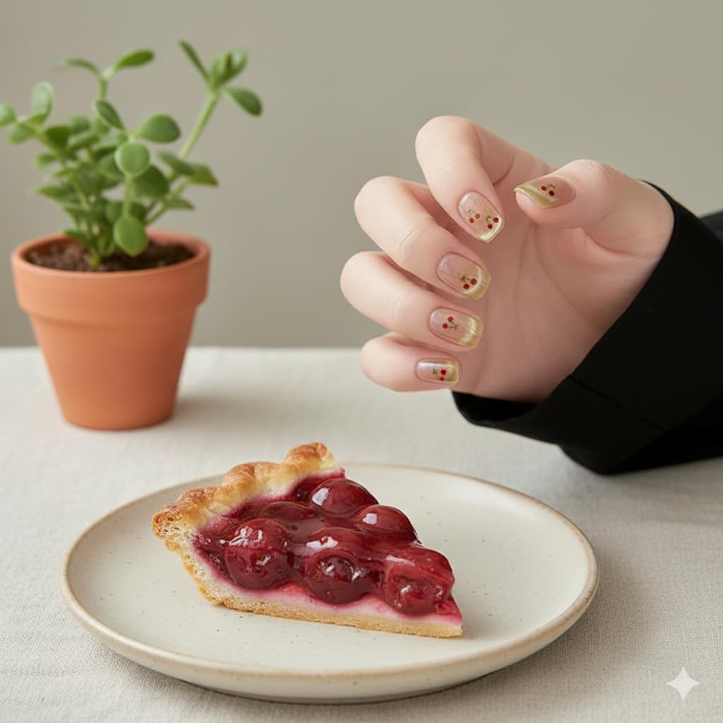 Cherry Design Biege Press-On Nails