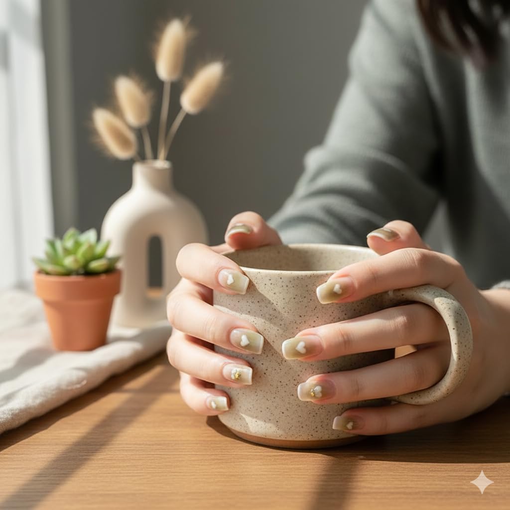 Sage Heart Press-On Nails - Olive Green with Pearl Heart Accents