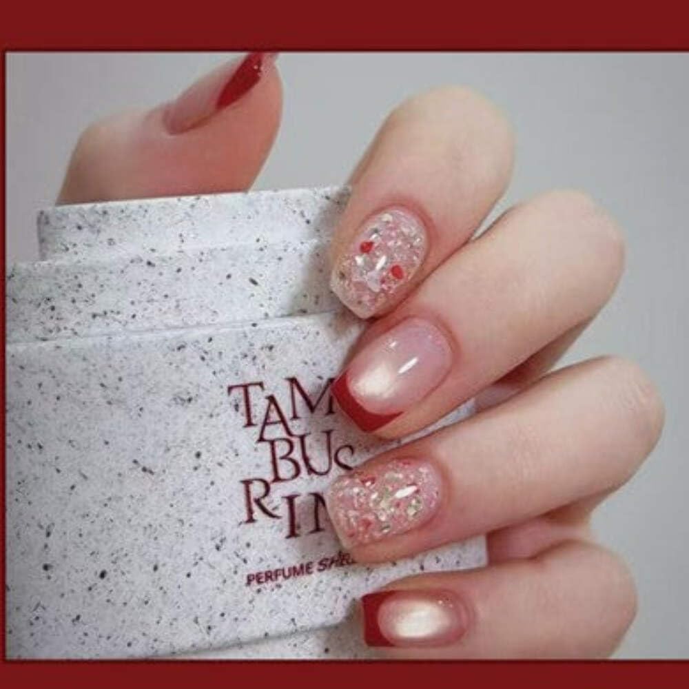 Red French Tip Press-On Nails with Glitter Accents - 24 Pcs