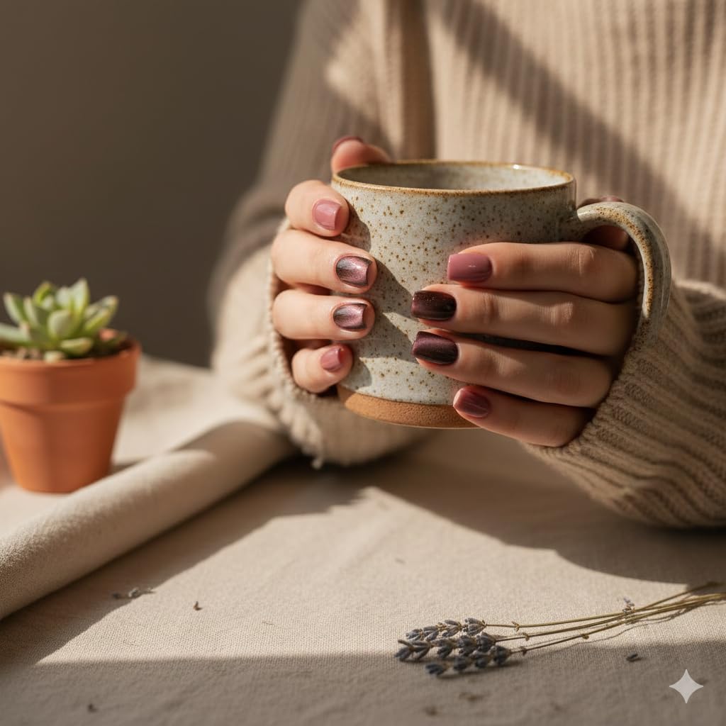 Mauve Chrome Press-On Nails with Chocolate Brown - 24 Pcs