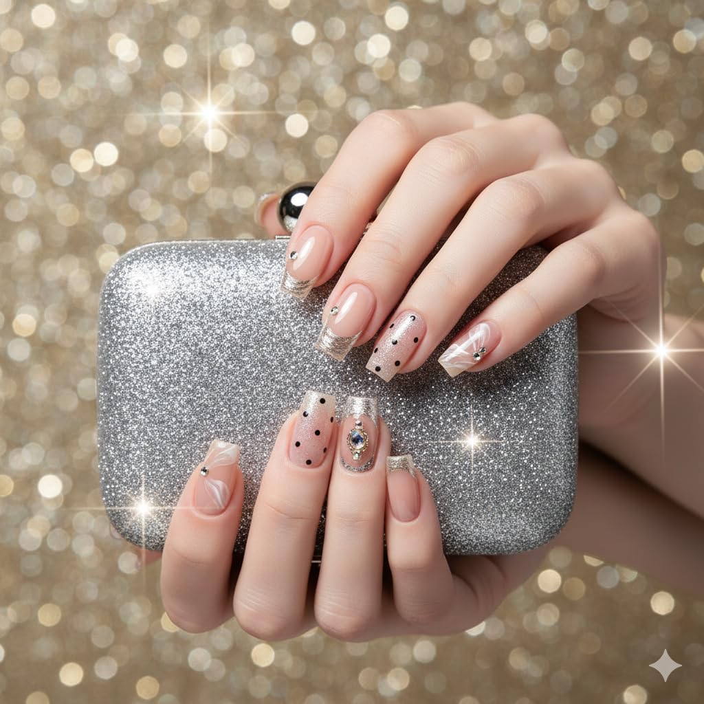 Nude Polka Dot Press-On Nails - Soft Pink with Black Dots & Silver Accents
