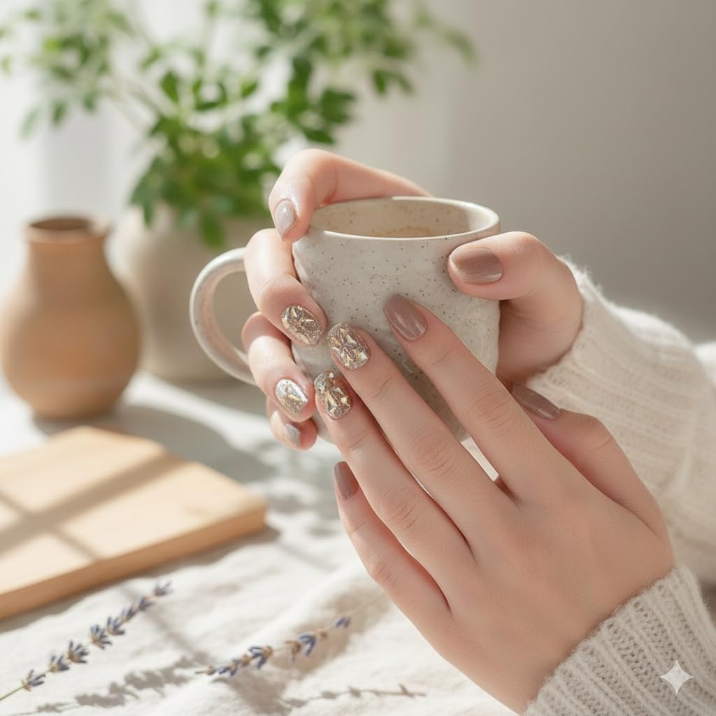 Nude Gold Foil Accent Press-On Nails