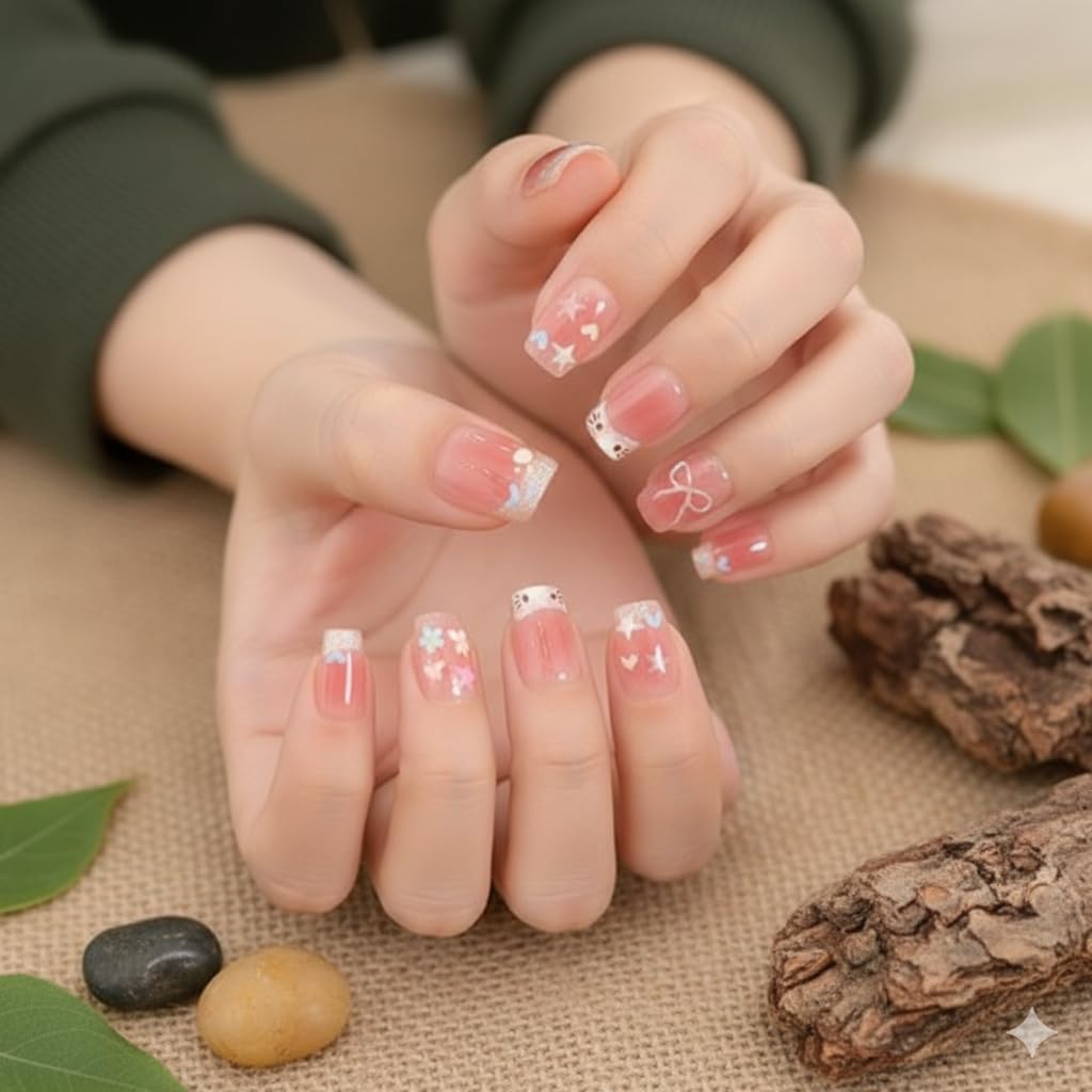 Pink French Tip Press-On Nails - Bow & Star (24pcs)