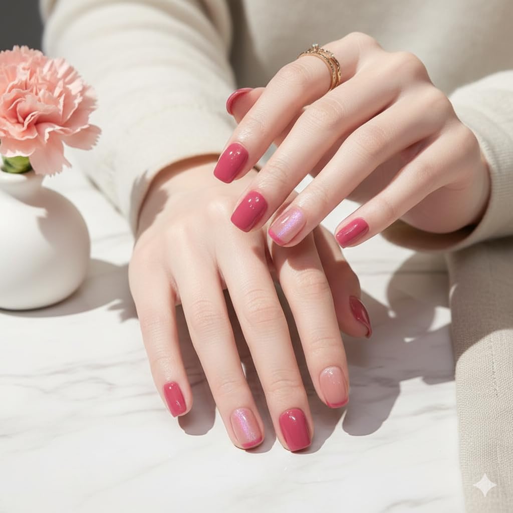 Rose Gradient Press-On Nails - Pink Ombre with Pearl Accents