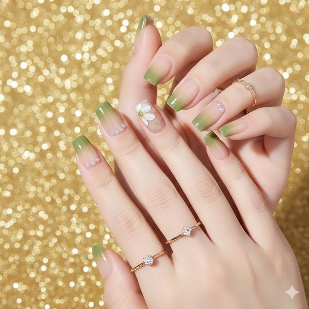 Olive Daisy Gradient Press-On Nails - Green Ombre with White Floral Accents