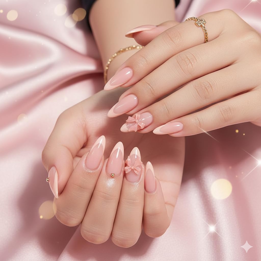 Nude Pink Bow Press-On Nails - Soft Pink with White Tips & 3D Bow Accents