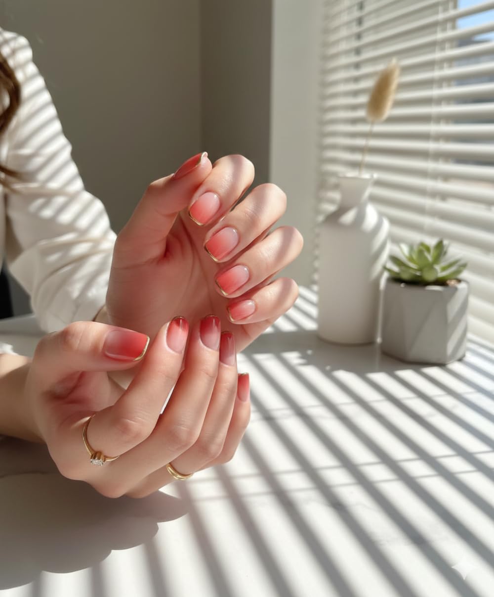 Coral Sunset Press-On Nails - Nude to Coral Gradient with Gold Trim