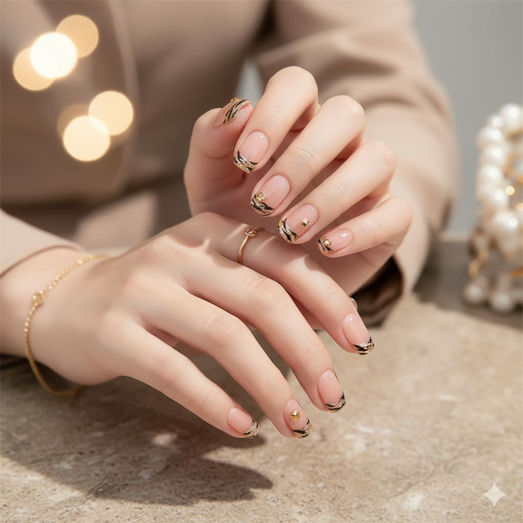 Nude Gold Leaf French Tip Press-On Nails - Soft Pink with Gold Foil & Crystal Accents