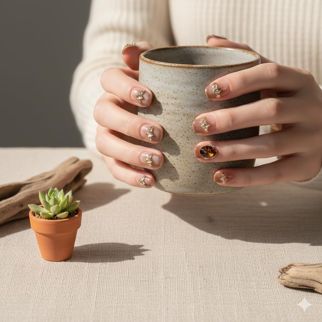 Luxe Nude Press-On Nails with Gold Accents & Gemstones - 24 Pcs