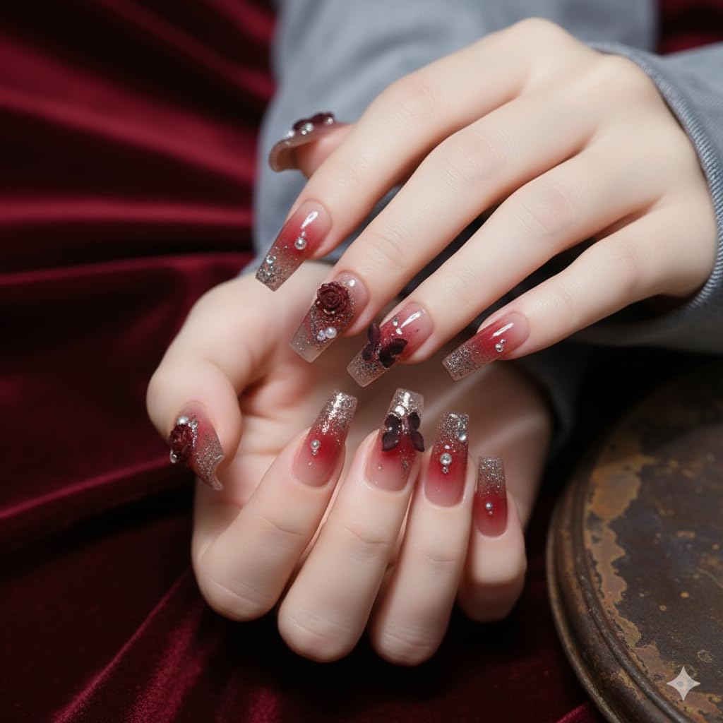 Burgundy Rose Glitter Press-On Nails - Wine Red Gradient with Flower & Crystal Accents