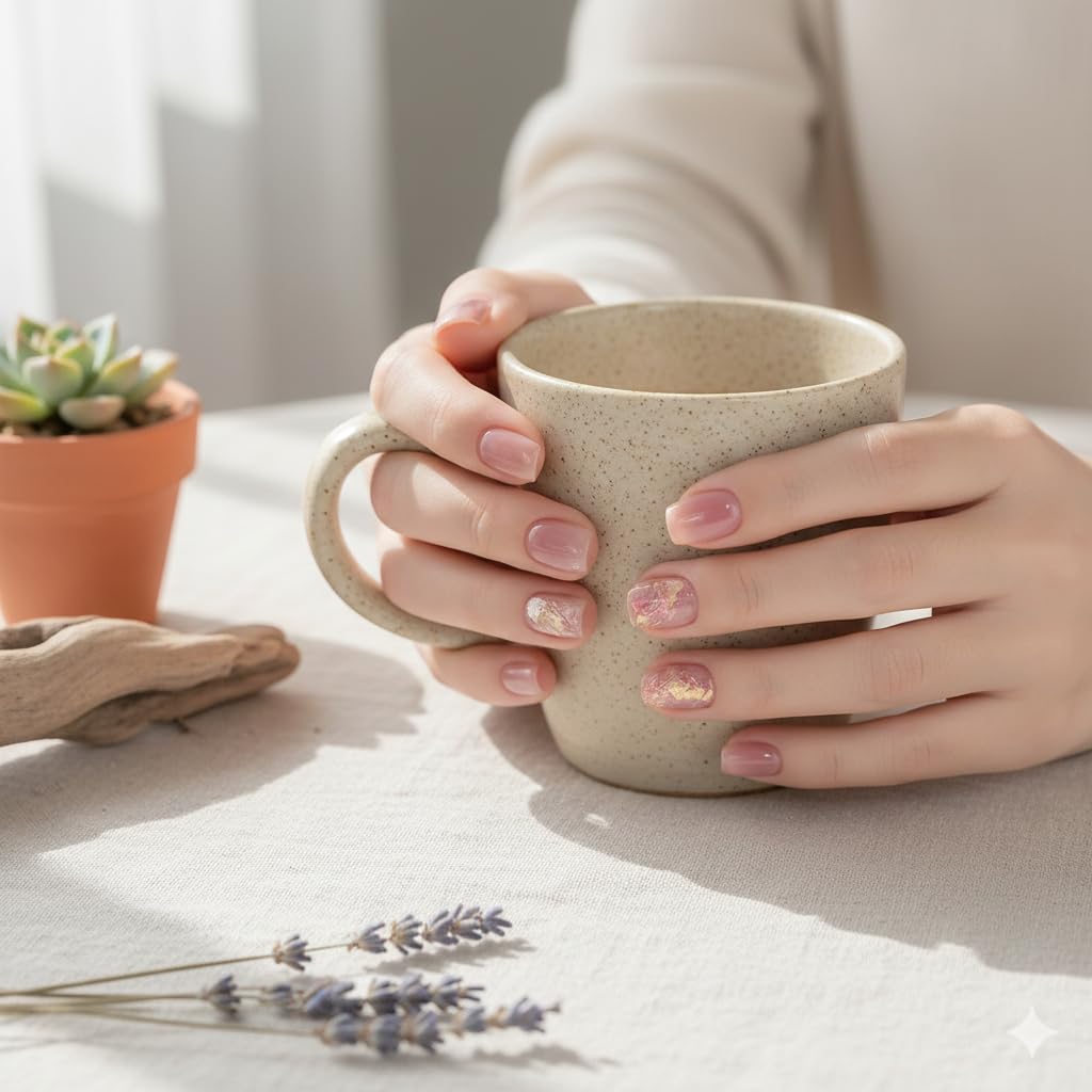 Pink Nude Press-On Nails with Gold Foil Accents - 24 Pcs