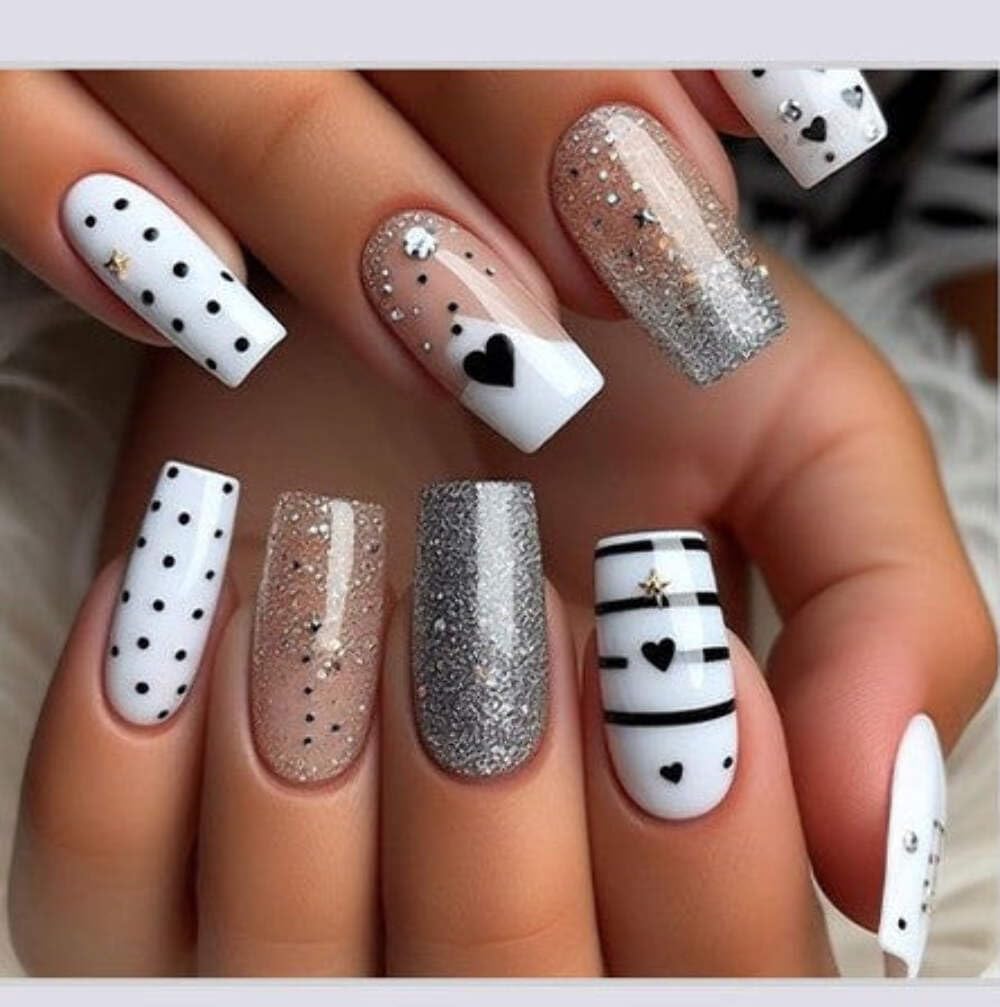 White Glitter Stripe Press-On Nails - Polka Dot & Stripe with Gold Star Accents