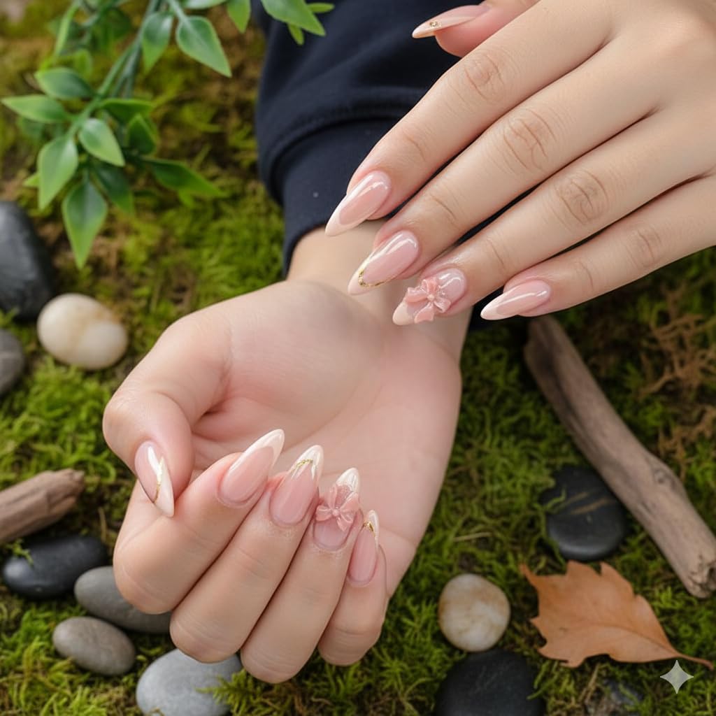 Nude Pink Bow Press-On Nails - Soft Pink with White Tips & 3D Bow Accents
