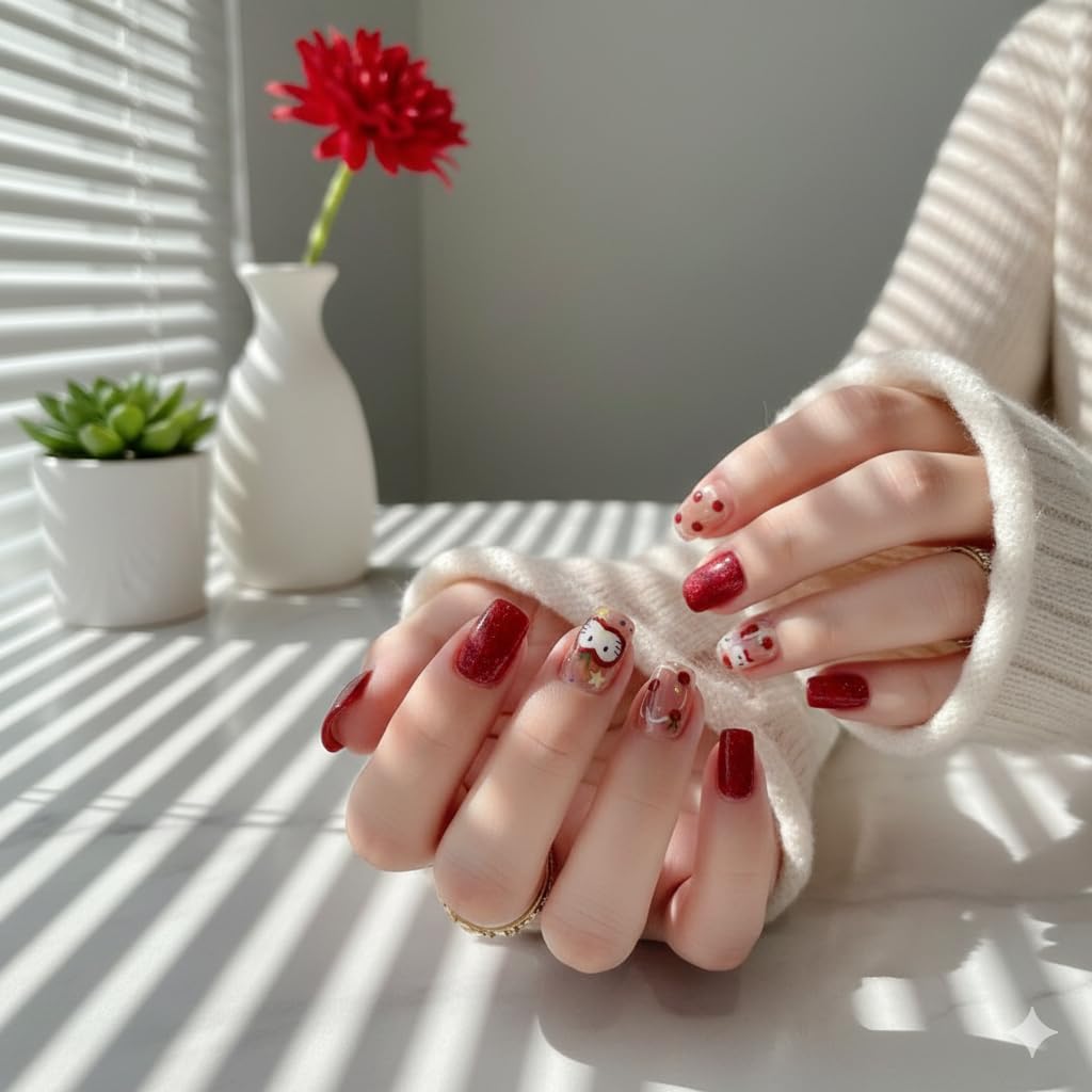 Cherry Blossom Press-On Nails - Nude with Red Cherry & Owl Accents