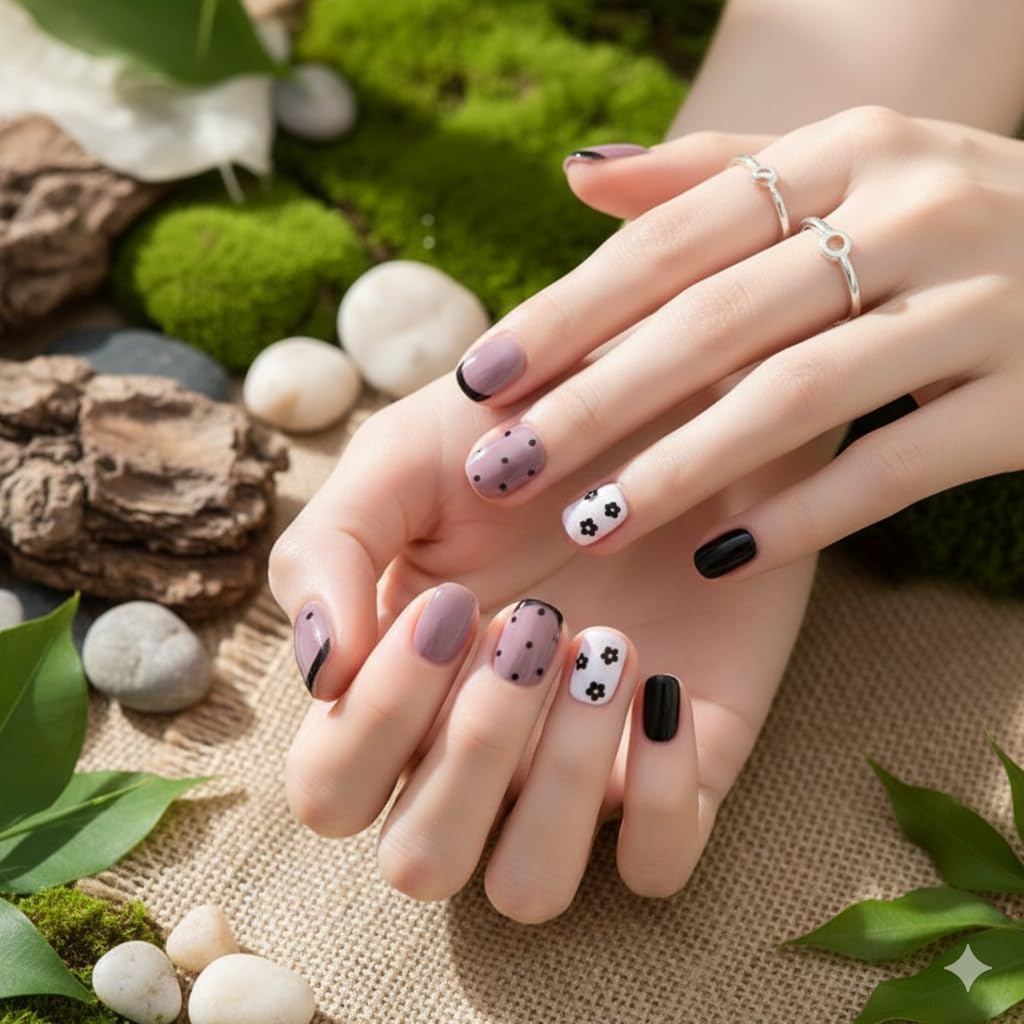 Purple Press-On Nails - Floral & Polka Dot (24pcs)