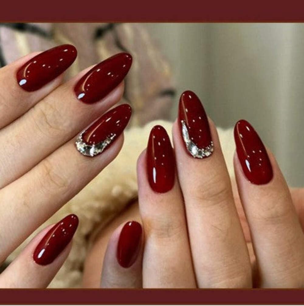 Deep Burgundy Crystal Press-On Nails - Rich Wine Red with Rhinestone Crescent Accents