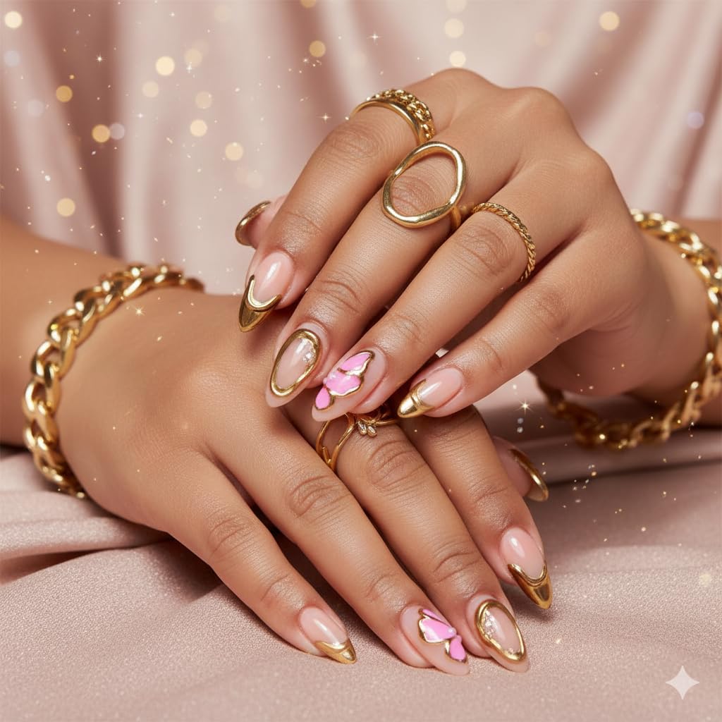 Nude Pink Butterfly Press-On Nails - Soft Pink with Gold Trim & 3D Butterfly Accents