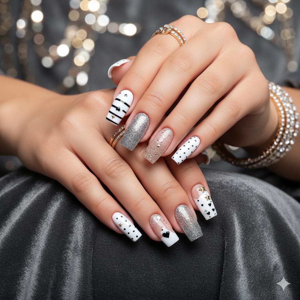 White Glitter Stripe Press-On Nails - Polka Dot & Stripe with Gold Star Accents