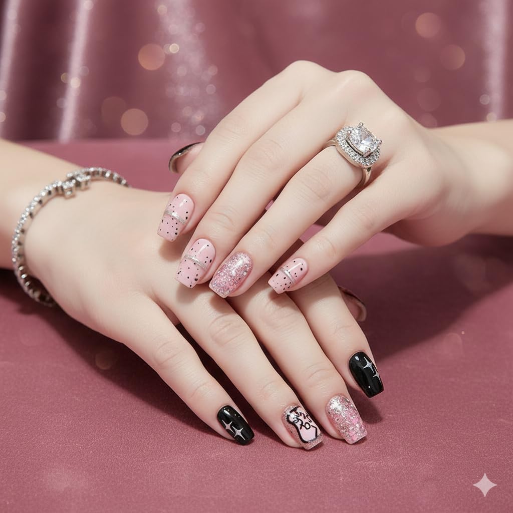 Pink Glitter Cat Press-On Nails - Nude & Black with Cat Art & Sparkle Accents