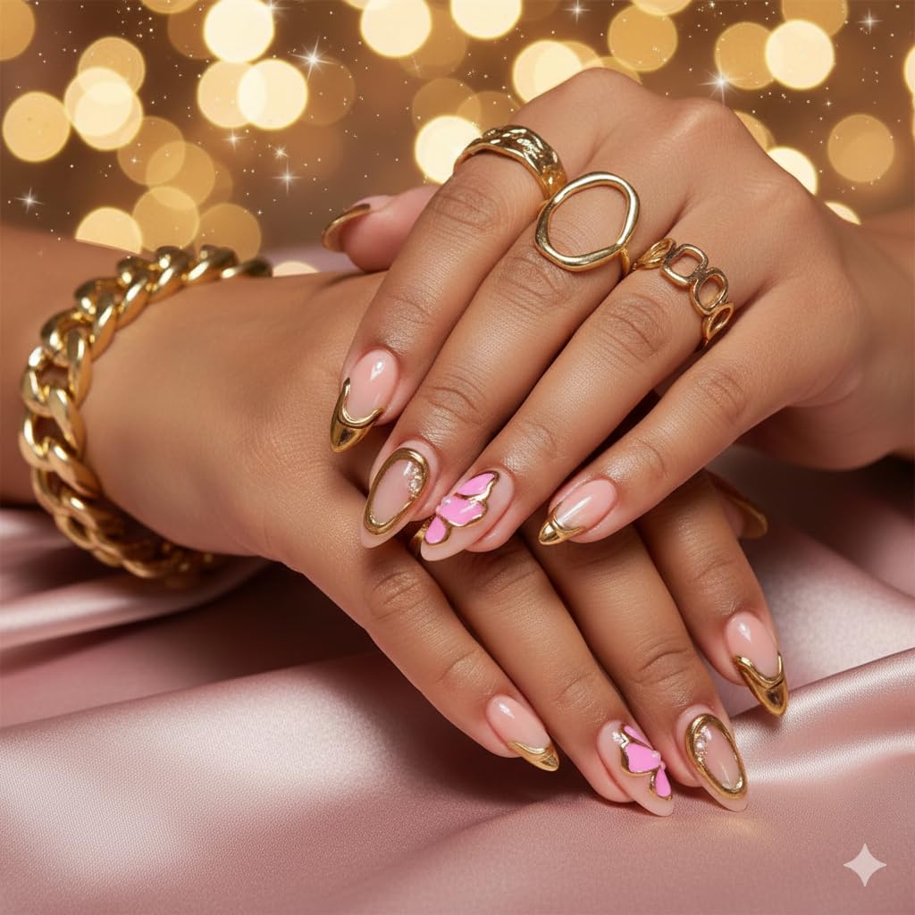 Nude Pink Butterfly Press-On Nails - Soft Pink with Gold Trim & 3D Butterfly Accents