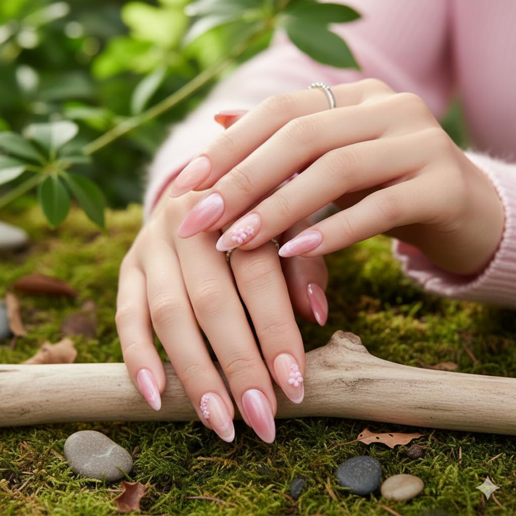 Pink Ombre Flower Press-On Nails - Nude to Pink Gradient with 3D Floral Accents
