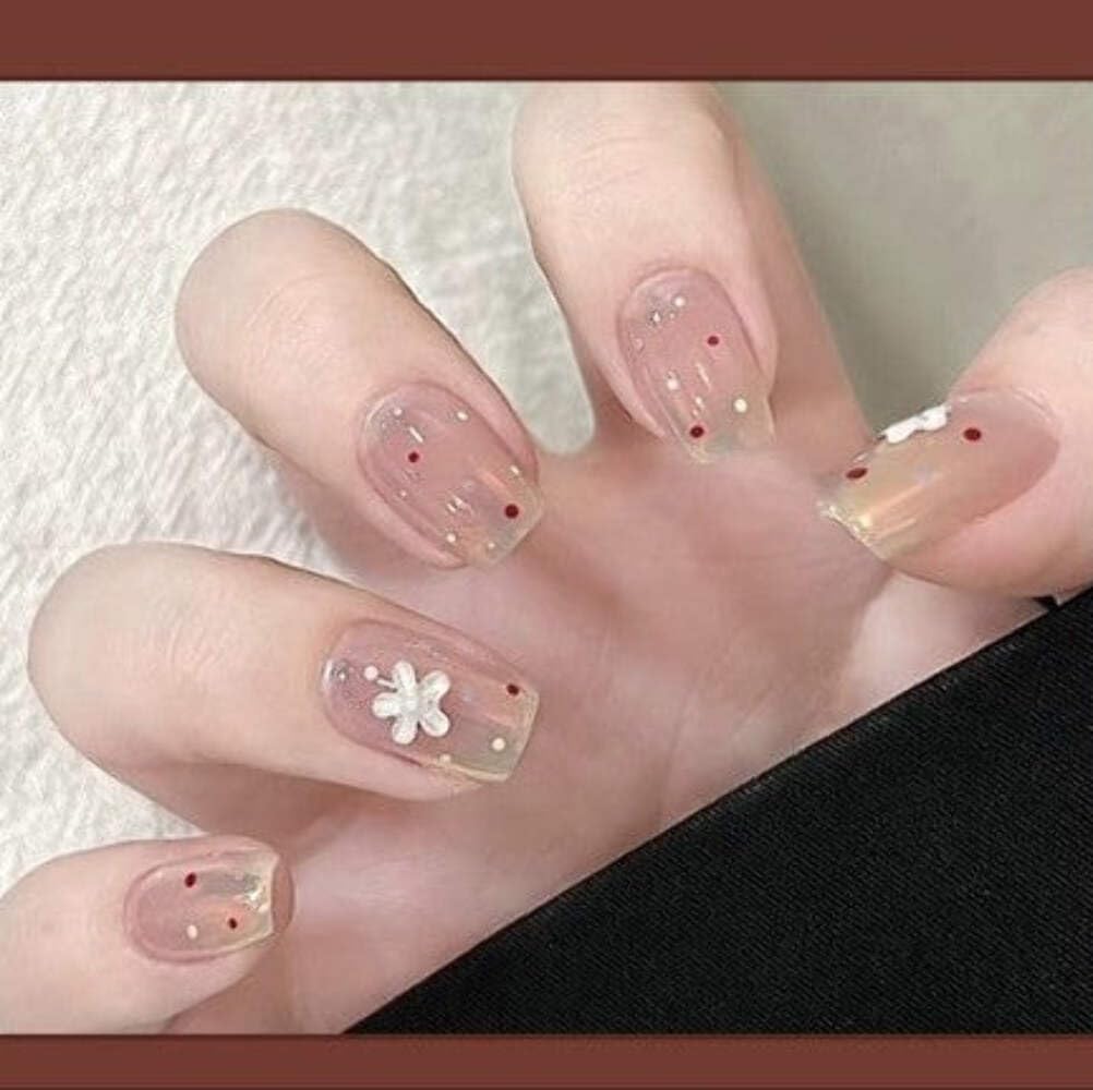 Delicate Daisy Press-On Nails - Nude with White Floral Accents