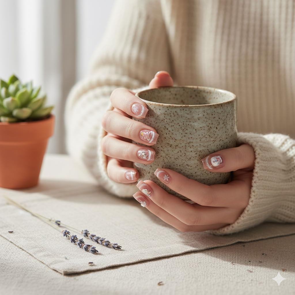 Winter Snowflake Press-On Nails with Festive Designs - 24 Pcs