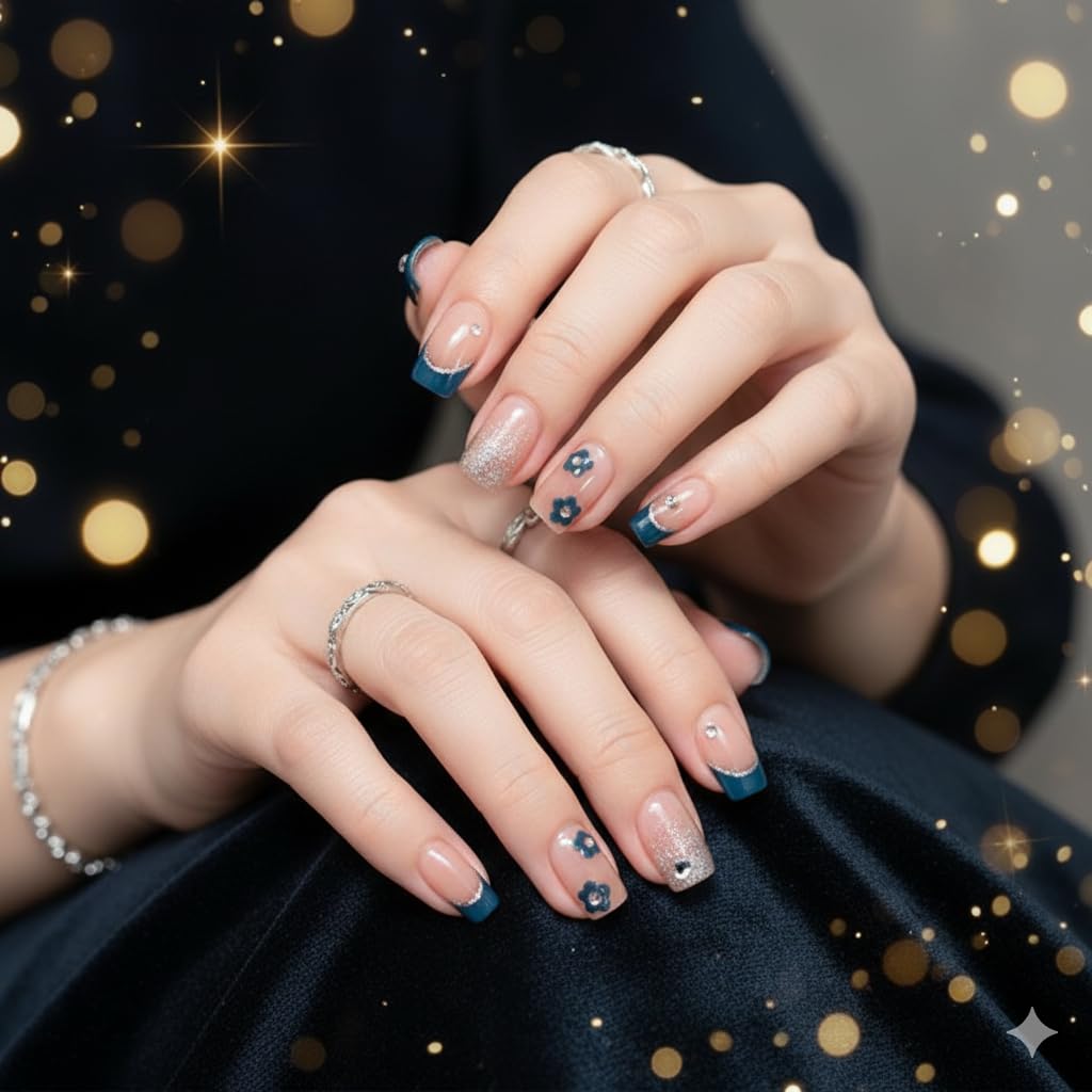 Teal French Tip Press-On Nails - Nude with Deep Teal Tips & Flower Accents