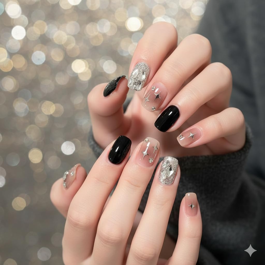 Silver Glam Star Press-On Nails - Black & Nude with Silver Glitter & Star Accents