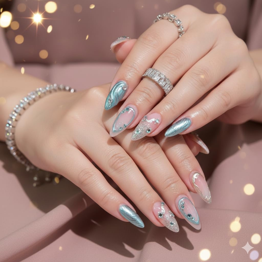 Pink & Teal Stiletto Press-On Nails – Elegant Designer Artificial Nails