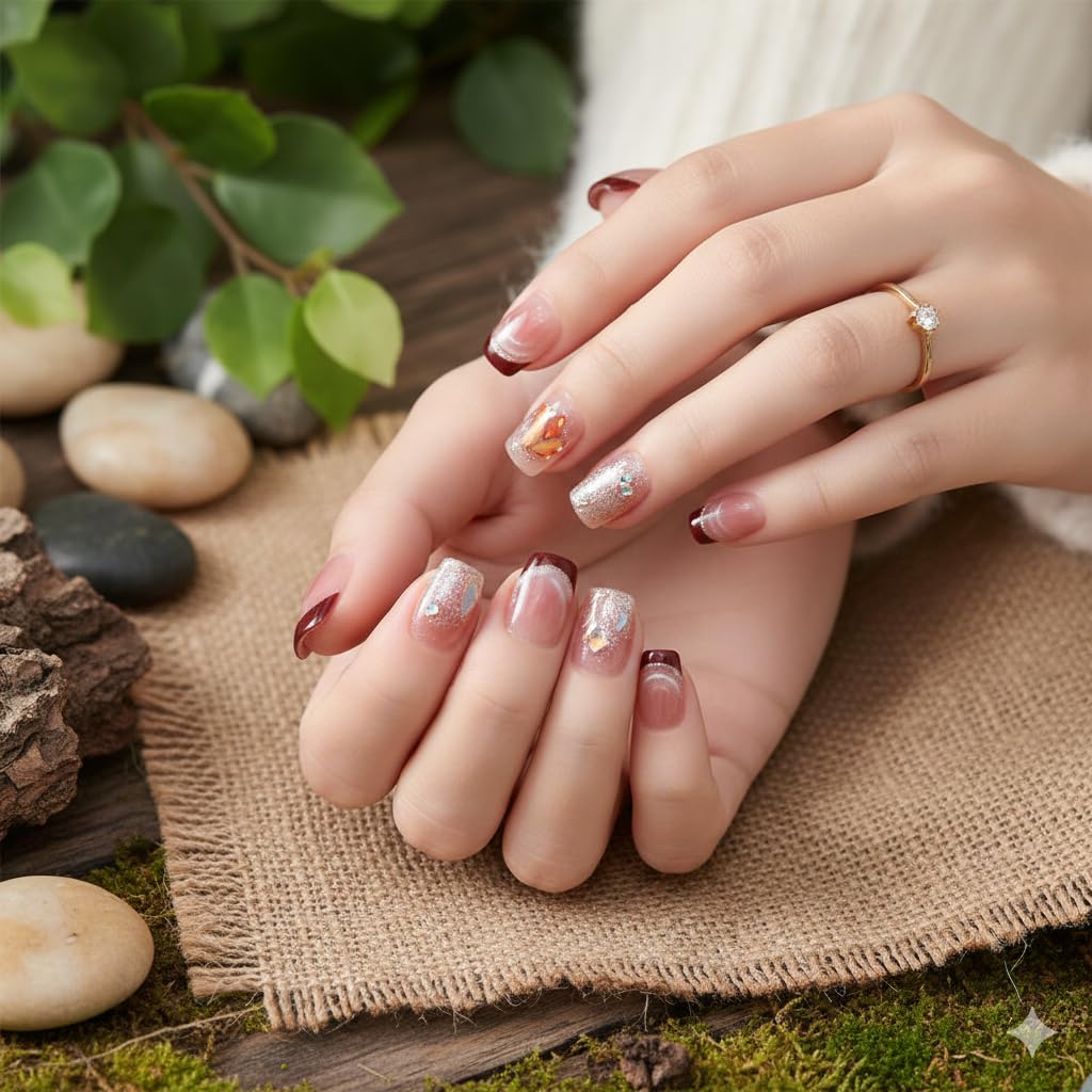 Burgundy French Tip Press-On Nails - Gold Glitter (24pcs)