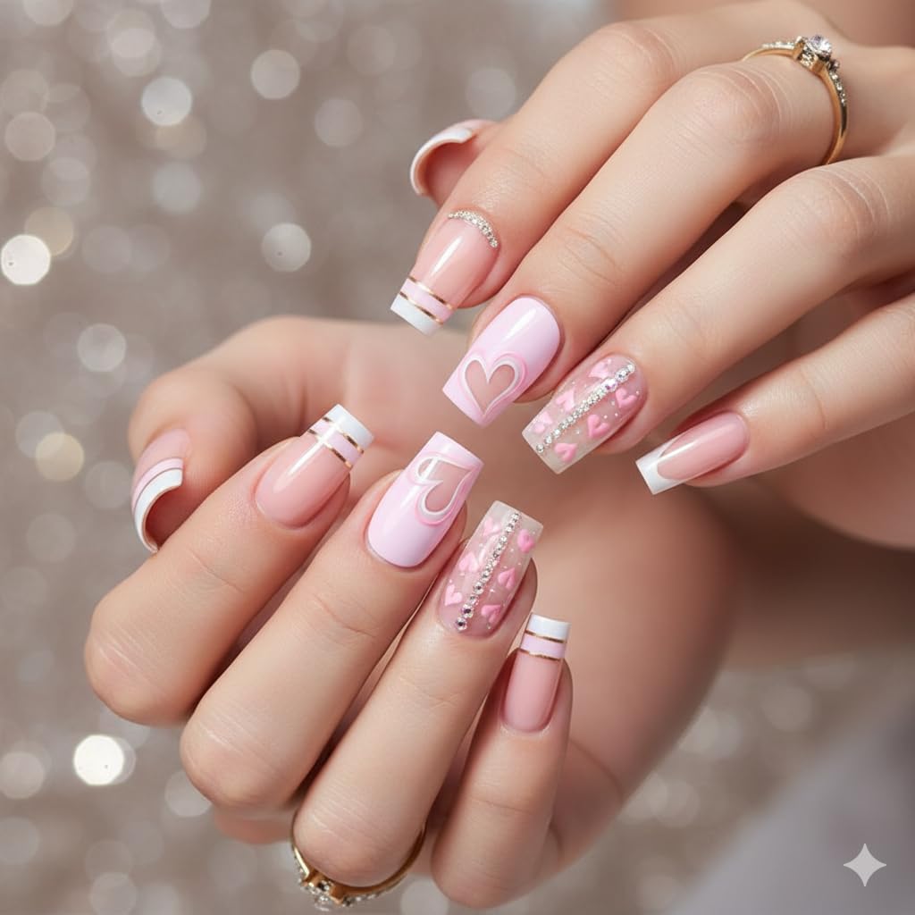 Pink Heart French Tip Press-On Nails - Nude with White Tips & Heart Accents
