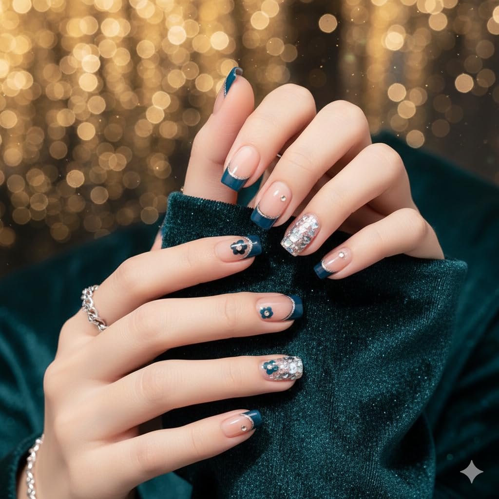 Teal French Tip Press-On Nails - Nude with Deep Teal Tips & Flower Accents