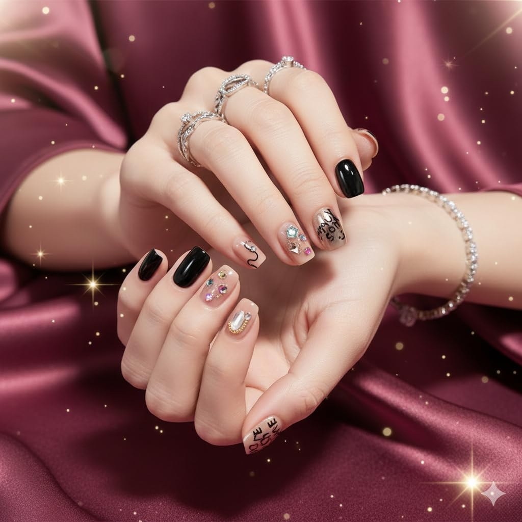 Nude Black Butterfly Press-On Nails - Beige & Black with Butterfly & Flower Art