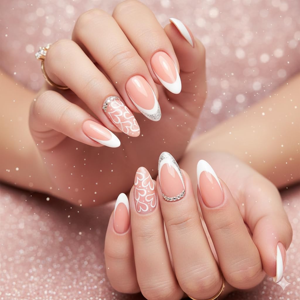 White Heart French Tip Press-On Nails - Nude with White Tips & Heart Art