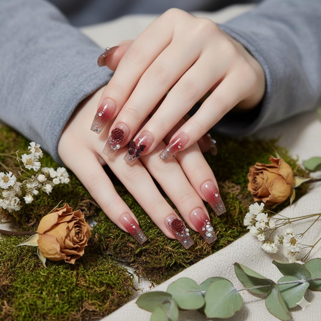 Burgundy Rose Glitter Press-On Nails - Wine Red Gradient with Flower & Crystal Accents