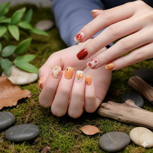 Autumn Fruit Press-On Nails - Orange & Red with Apple & Orange Accents