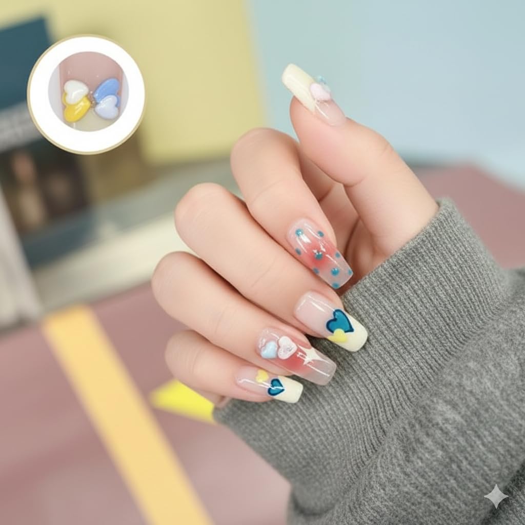 Colorful Heart Charm Press-On Nails - Multicolor with Heart & Flower Accents