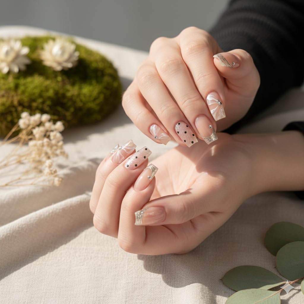 Nude Polka Dot Press-On Nails - Soft Pink with Black Dots & Silver Accents