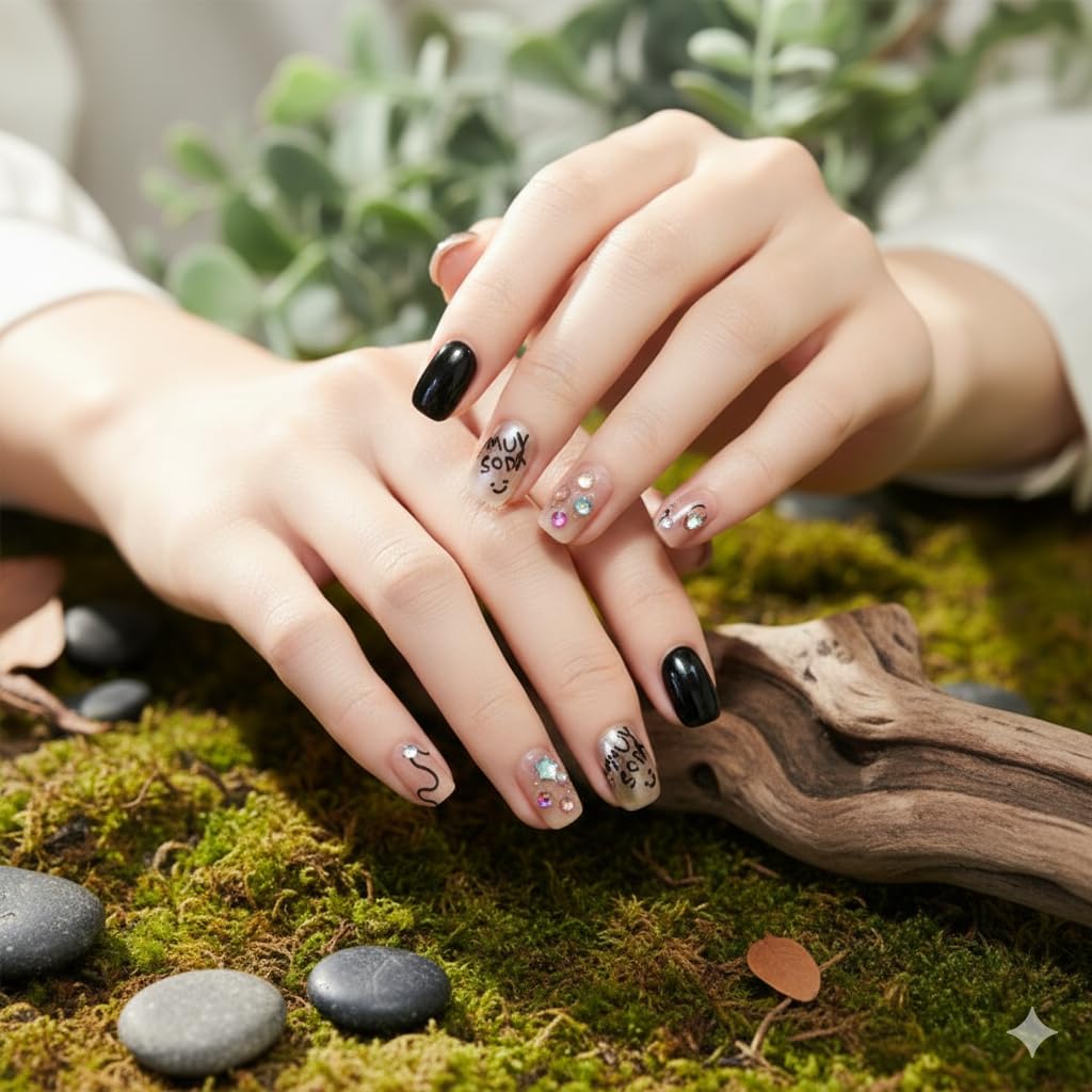 Nude Black Butterfly Press-On Nails - Beige & Black with Butterfly & Flower Art
